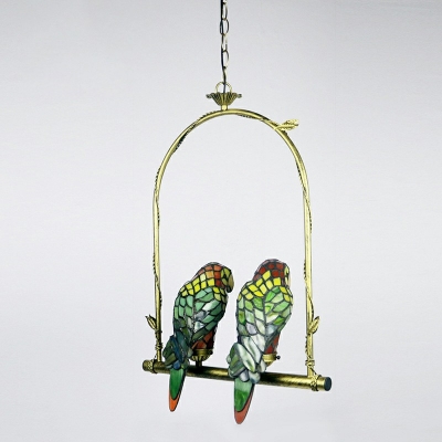 Bird Pendant Light Fixture Tiffany Style Stained Glass 2-Lights Pendant Light Kit in Green