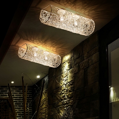 2-Light Flush Mount Lighting Contemporary Style Cage Shape Rattan Close To Ceiling Light