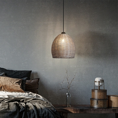 Grey Cloche Pendant Lights Modern Style Rattan 1 Light Hanging Light Fixtures
