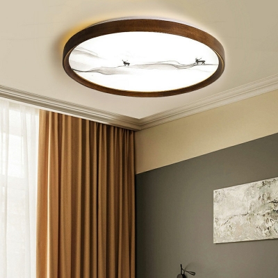 Round Flush Mount Ceiling Light Contemporary Style LED Lighting in Wood