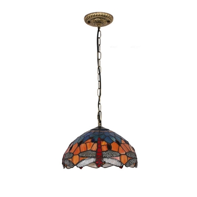 Tiffany Style Dragonfly Pendant Lighting Glass 1 Light Hanging Lamp in Orange