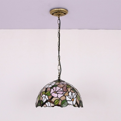 1 Light Bloom Hanging Light Kit Tiffany Style Glass Pendant Lighting in Beige