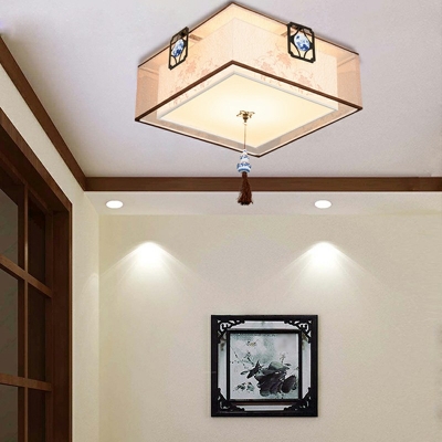 5-Light Flush Mount Light Traditional Style Square Shape Fabric Ceiling Mount Lighting