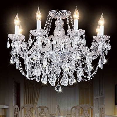 Bobeche Chandelier Lamp European Style K9 Crystal 8-Lights Ceiling Chandelier in White