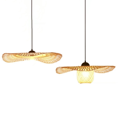 Rattan Fiber Scalloped Hanging Light Kit Modern Style 1-Light Hanging Lamp Kit in Wood