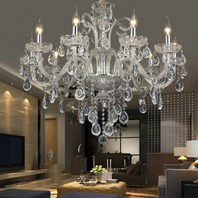 White Curved Arm Chandelier Lamp European Style Crystal Drip 8 Lights Chandelier Light Fixture