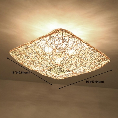 3-Light Flush Mount Lighting Contemporary Style Cage Shape Rattan Ceiling Mounted Fixture