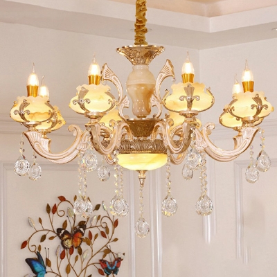 Yellow Bell Chandelier Lamp European Style Beveled Glass Crystal 6 Lights Chandelier Light Fixture