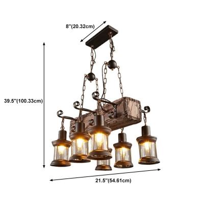 6-Light Island Light Fixture Industrial Style Cage Shape Wood Pendant Lighting