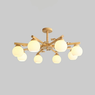 8-Light Hanging Light Contemporary Style Ball Shape Wood Chandelier Lighting
