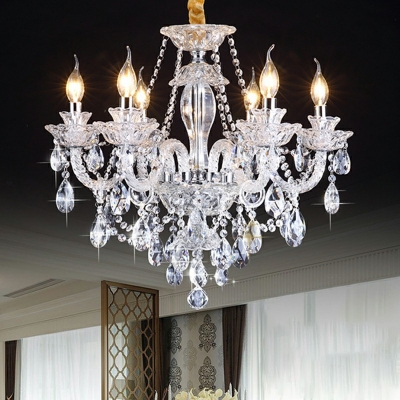 Beige Bobeche Chandelier Lamp European Style Crystal 6-Lights Chandelier Light Fixture