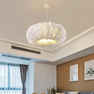 Drum Feather Suspension Pendant Light White Modern Simplicity Chandelier Lamp for Living Room