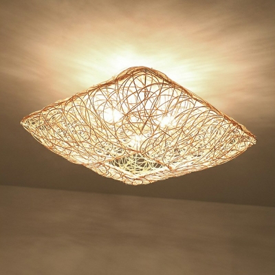 3-Light Flush Mount Lighting Contemporary Style Cage Shape Rattan Ceiling Mounted Fixture