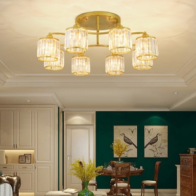 6-Light Semi Flush Chandelier Traditional Style Cylinder Shape Metal Ceiling Mounted Fixture
