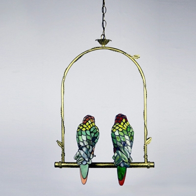 Bird Pendant Light Fixture Tiffany Style Stained Glass 2-Lights Pendant Light Kit in Green