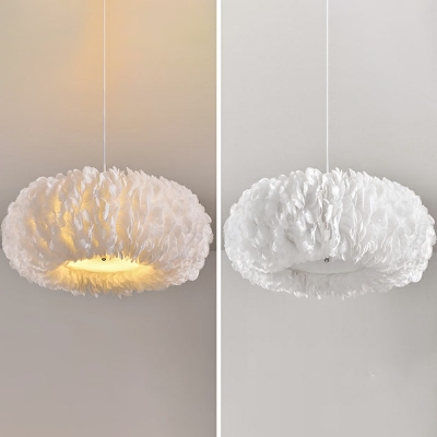 Drum Feather Suspension Pendant Light White Modern Simplicity Chandelier Lamp for Living Room