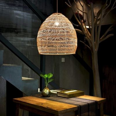 Rattan Pendant Light Single Bulb Open-Weave Shade Hanging Lamp