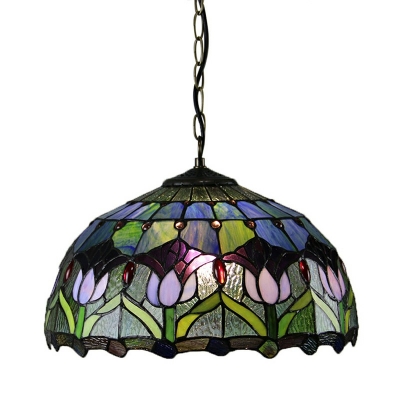 Flower Pendant Light Fixture Tiffany Style Stained Glass 1-Light Pendant Light Kit in Purple