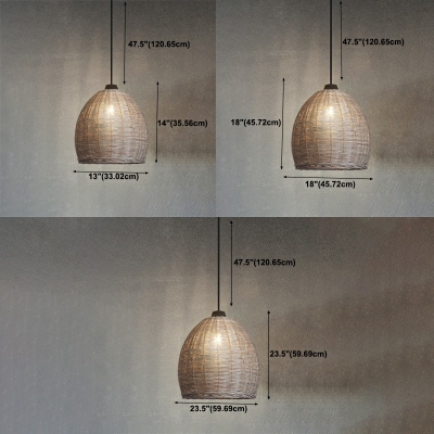 Grey Cloche Pendant Lights Modern Style Rattan 1 Light Hanging Light Fixtures