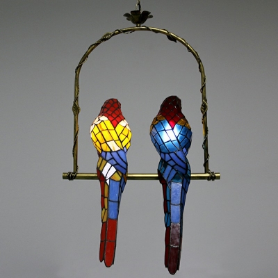 Tiffany Style Bird Pendant Light Stained Glass 2 Lights Pendant Lighting in Red