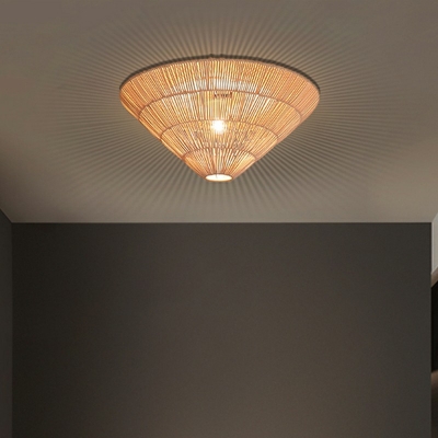 1-Light Flush Pendant Light Modernist Style Cone Shape Rattan Ceiling Mounted Fixture