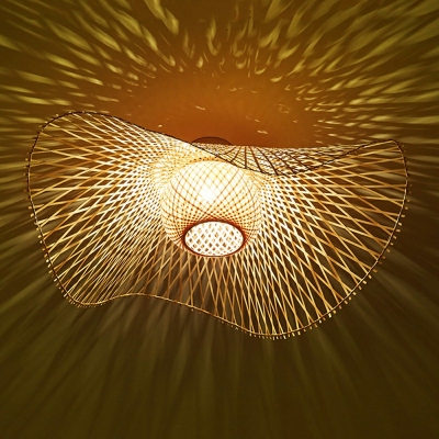 Asian Hat-Like Flush Light Bamboo 1-Light Flush Mount Lamp in Natural