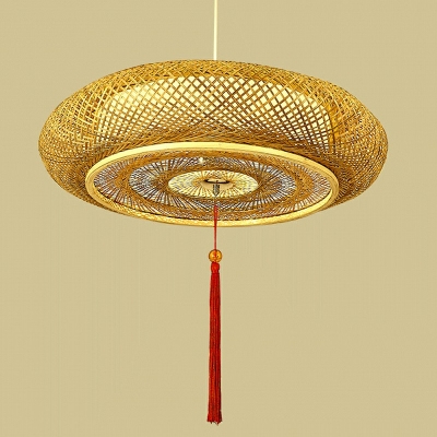 Chinese Style Farmhouse Pendant Lighting Rounded Drum Shape Hanging Light Fixture