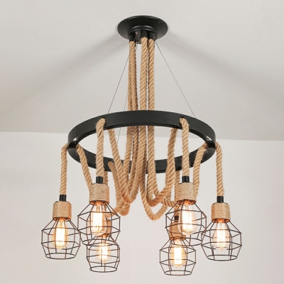 Iron Black Hanging Light Bell Shaped Cage Industrial Chandelier with Hemp Rope