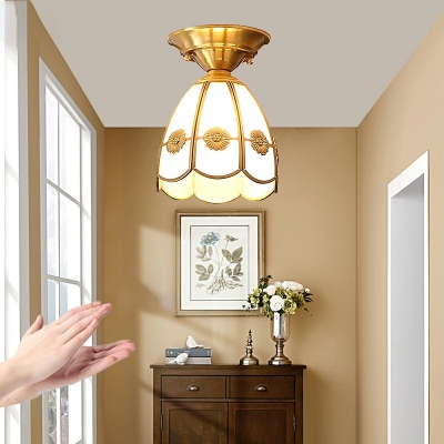 Traditional 1 Light Flush Mount Ceiling Light Fixture Vintage Glass and Brass Close to Ceiling Lamp
