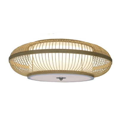Drum Wood Flush Mount Ceiling Lights Modern Asian Style Close to Ceiling Lamp for Living Room