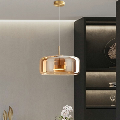Amber Glass Cylinder Pendant Light Fixtures Modern Style 1 Light Hanging Lights in Brown