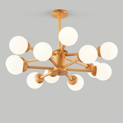 Modern Style Natural Wood  Chandelier White Globe Shade Glass Hanging Lamp for Dining Room