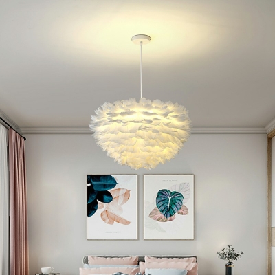 White Globe Suspension Pendant Light Modern Feather Chandelier Lamp for Living Room