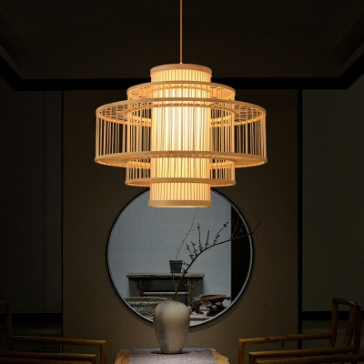 1-Head Pendant Lighting Bamboo Ceiling Pendant Lamp in Beige