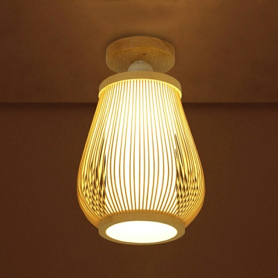 Asian Geometric Flush Light Bamboo 1-Light Flush Mount Lamp in Natural