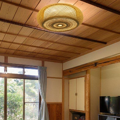 Drum Wood Flush Mount Ceiling Lights Modern Asian Style Close to Ceiling Lamp for Living Room