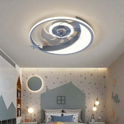 Moon Ceiling Fan Light Modern Metal Remote Control Stepless Dimming 3-Light LED Ceiling Fan for Kid’s Room