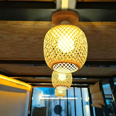 Asian Geometric Flush Light Bamboo 1-Light Flush Mount Lamp in Natural