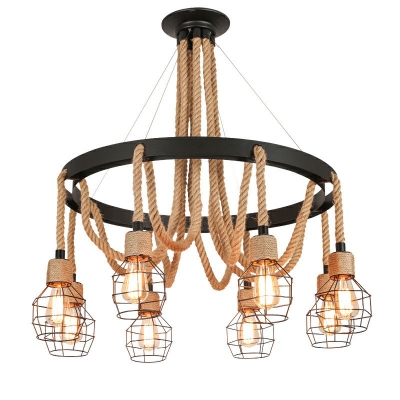 Iron Black Hanging Light Bell Shaped Cage Industrial Chandelier with Hemp Rope