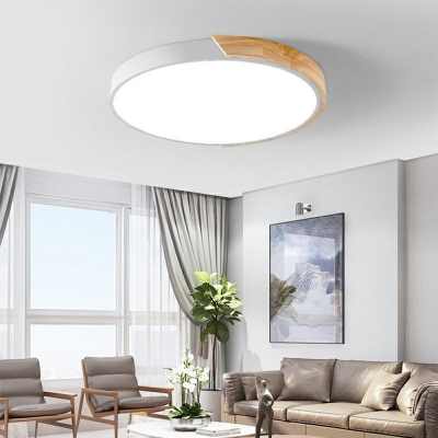 1-Light Flush Mount Light Fixture Contemporary Style Round Shape Wood Ceiling Mounted Lights