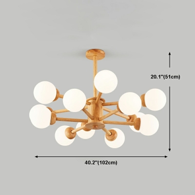 Modern Style Natural Wood  Chandelier White Globe Shade Glass Hanging Lamp for Dining Room
