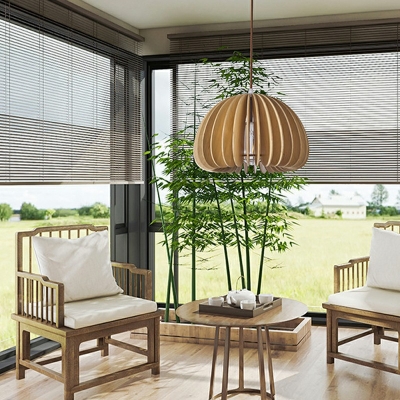 1-Light Suspension Pendant Minimalistic Style Dome Shape Wood Hanging Ceiling Lights