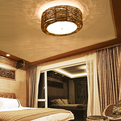 Asian Modern Flush Mount Ceiling Light Fixture Weave Drum Ceiling Mount Light for Bedroom