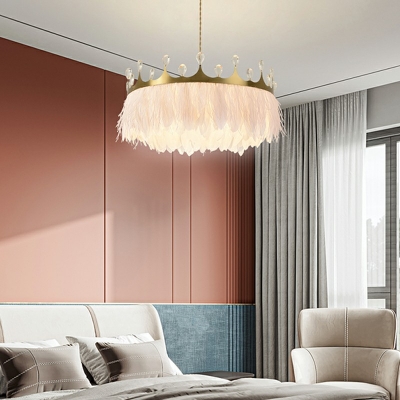 Round Pendant Lighting Fixtures Modern Feather Chandelier Lighting for Living Room