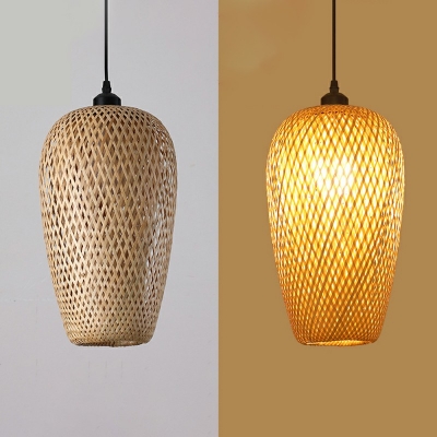 1-Light Suspension Lamp Asian Style Rattan Hanging Light Fixture for Restaurant