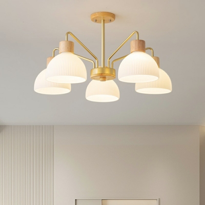 Glass Bowl Shape Chandelier Lighting Fixture Minimalist Style Wood Hanging Ceiling Light