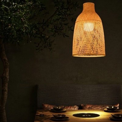 Contemporary Beige Suspension Pendant 1 Light Bamboo Hanging Light for Restaurant