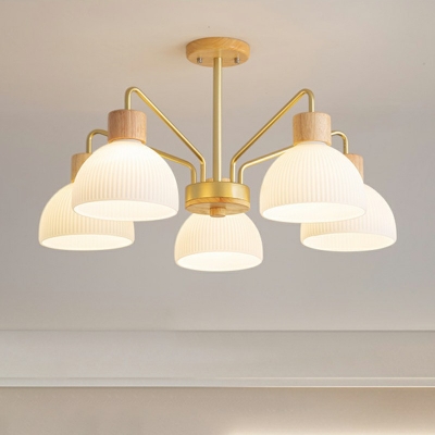 Glass Bowl Shape Chandelier Lighting Fixture Minimalist Style Wood Hanging Ceiling Light