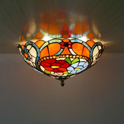 3 Lights Bowl Flush Ceiling Light Fixtures Tiffany Style Glass Flush Mount Lights in Beige