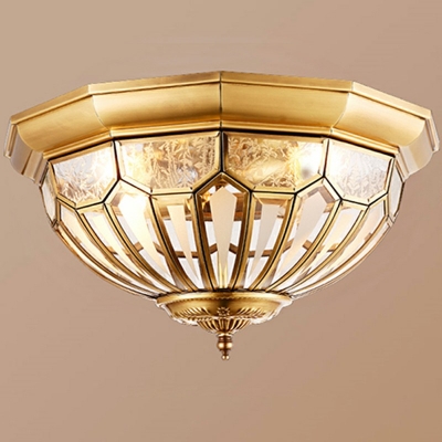 Glass Bowl Ceiling Lamp Hotel Foyer Colonial Style Flush Light in Brass